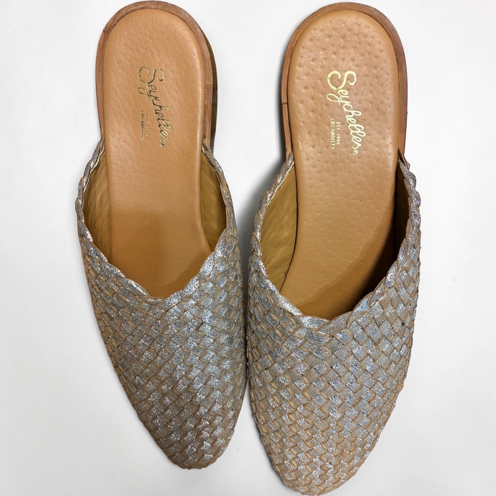 Seychelles Silver Woven Leather Mules Metallic Flat Slide Loafers Womens 7